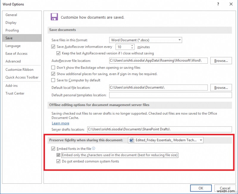 Microsoft Word 문서에 글꼴 포함