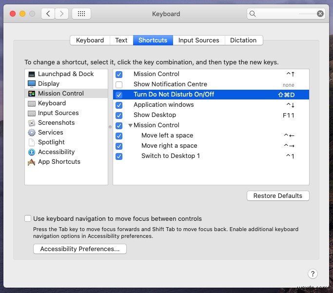 Mac에서 방해 금지 모드 키보드 단축키를 설정하는 단계