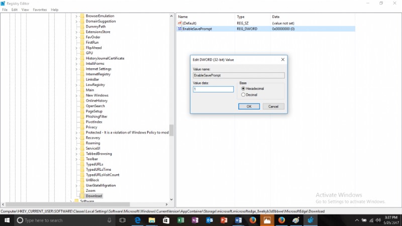 다운로드 저장을 위한 Microsoft Edge의 메시지 활성화/비활성화