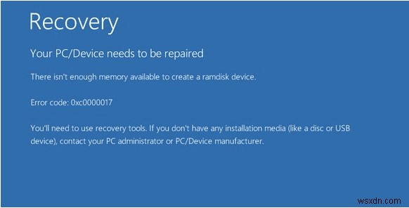 Windows 10 업데이트 오류 코드 0xc0000017 수정 방법