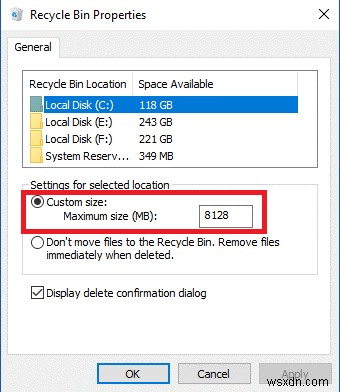 Windows 10에서 휴지통 저장 설정을 변경하는 방법은 무엇입니까?