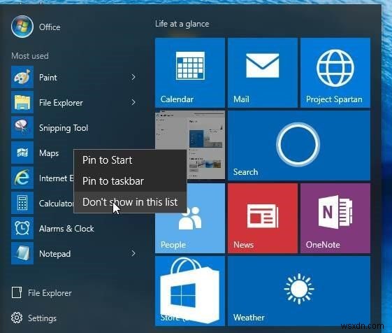 Windows 10 시작 메뉴에서  자주 사용하는 앱 을 제거하는 방법
