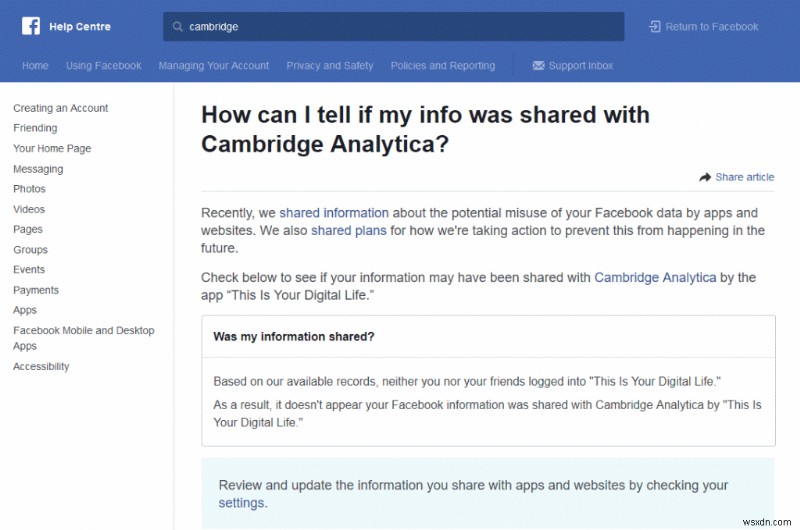 이제 Facebook 데이터가 Cambridge Analytica와 공유되었는지 확인