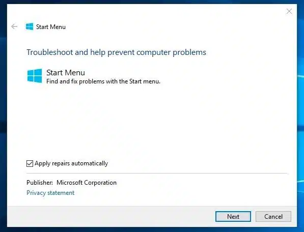 전용 문제 해결사를 사용하여 Windows 10 시작 메뉴 문제 해결