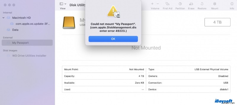 macOS에서 com.apple.DiskManagement.disenter 오류 49223 수정 – 외장 드라이브를 마운트하는 빠른 단계 