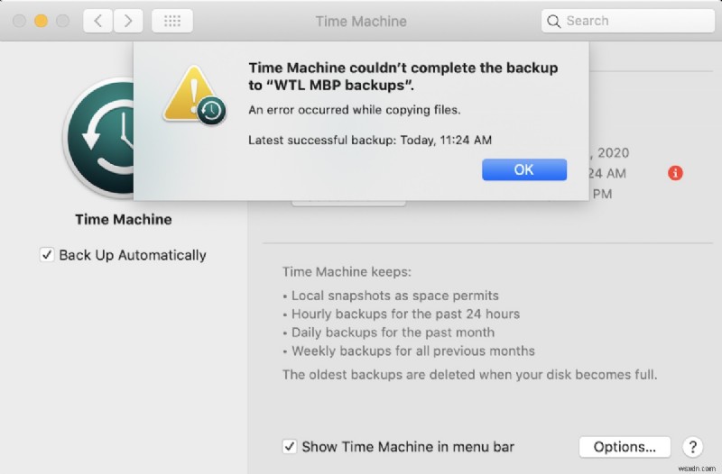 macOS Sonoma, Ventura 및 Sequoia에서  Time Machine이 백업을 완료할 수 없습니다  오류 해결 