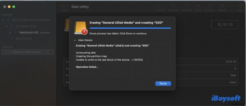 macOS 디스크 유틸리티 오류 69760 수정: 장치의 마지막 블록에 쓸 수 없습니다  