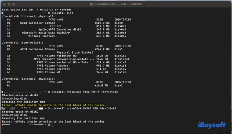macOS 디스크 유틸리티 오류 69760 수정: 장치의 마지막 블록에 쓸 수 없습니다  