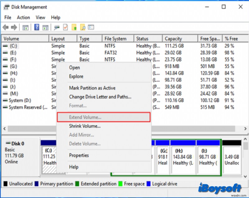 수정:Windows 디스크 관리에서 비활성화된  볼륨 확장  기능 활성화 