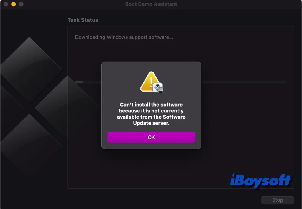 Boot Camp 설치 프로그램이 macOS Sonoma에 Windows 지원 소프트웨어를 설치하지 못함 
