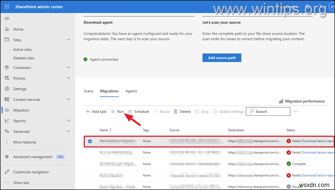 수정:SharePoint 마이그레이션 도구의  임시 저장소 부족  오류 해결 